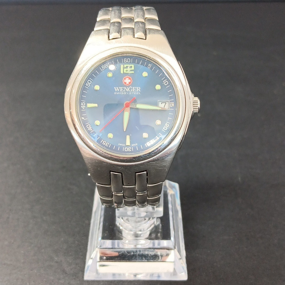New Battery Wenger Swiss Military Watch 38mm Face Blue Face Vintage VTG Working